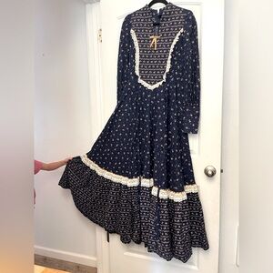 Navy Blue Floral Dress with Lace Trim - Gunne Sax QUALITY *but handmade*